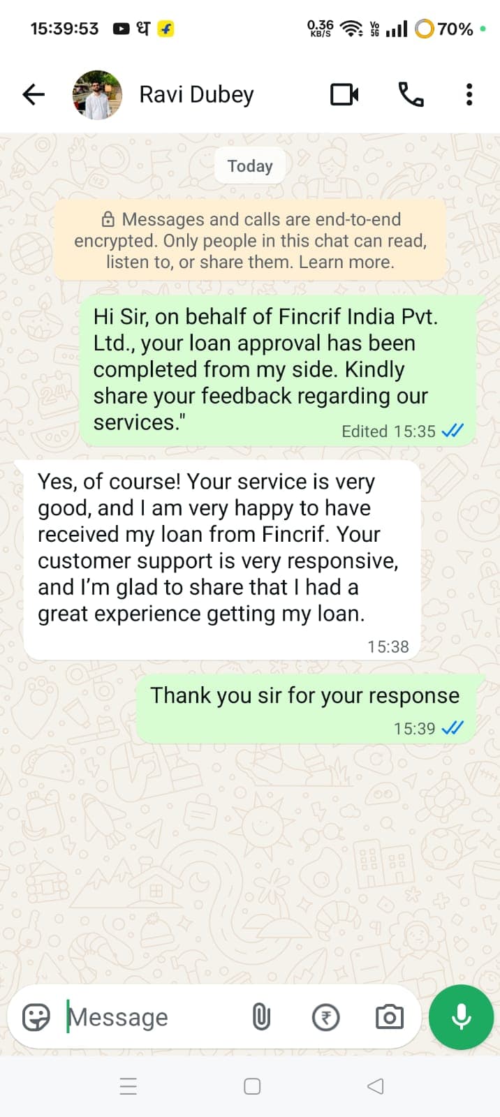 WhatsApp feedback from Aman